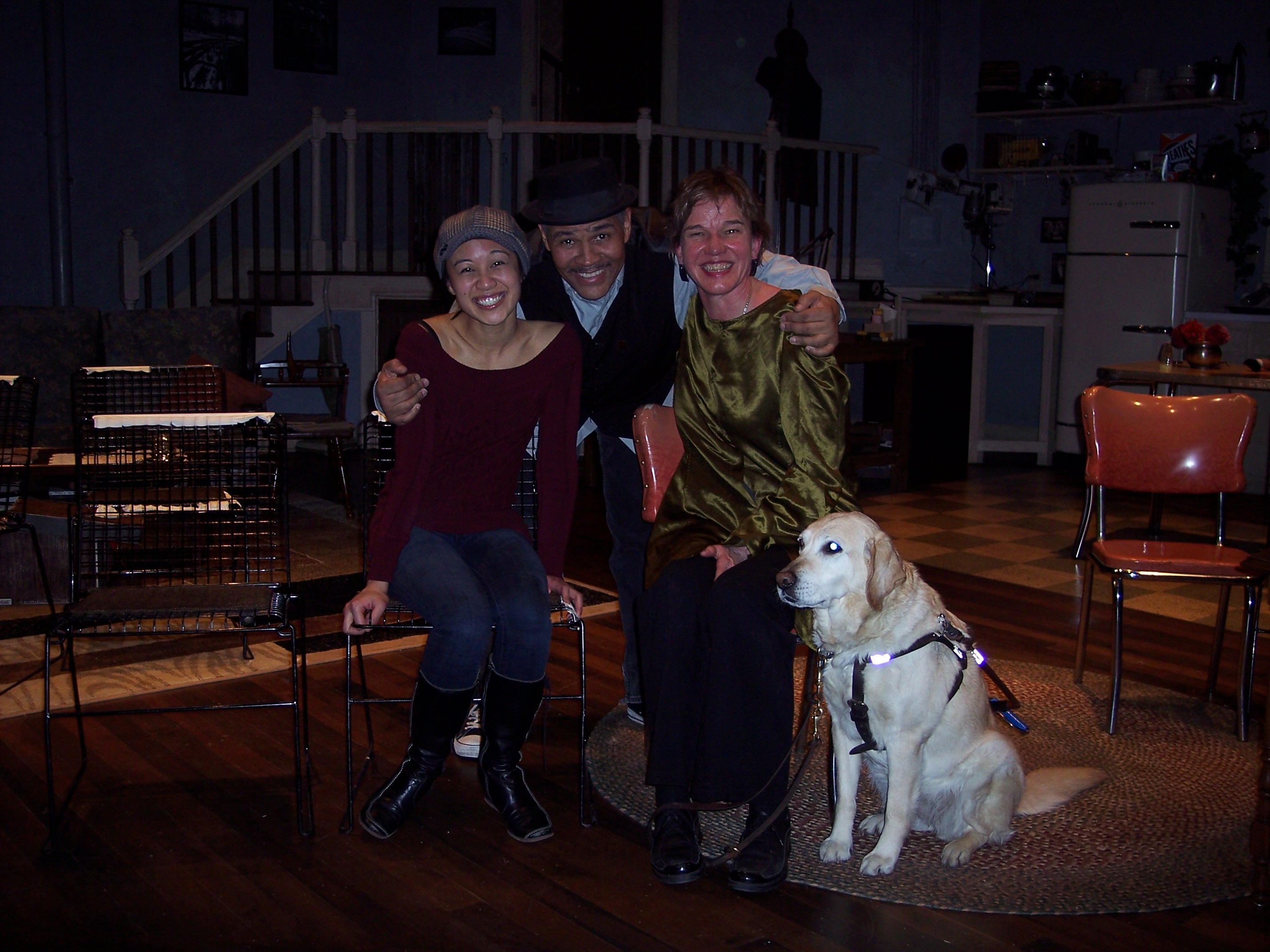 That's Emjoy (the actress who plays Susy, the blind woman), Ron OJ Parsons (the director), me, and Hanni, of course. We're on the set of Court Theatre's production of "Wait Until Dark."