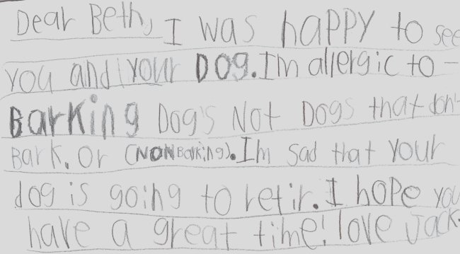 Note from a student saying he's allergic to barking dogs, but not non-barking dogs.