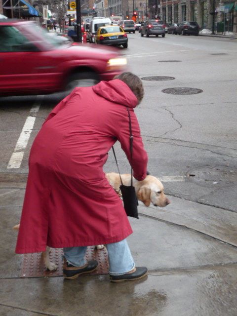 Photo of Beth and Harper stopped at the curb of a busy intersection.