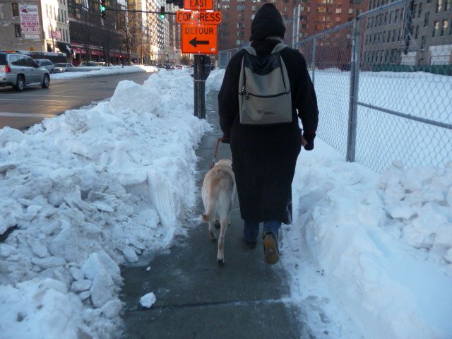 Photo of Beth and Harper making their way through a shoveled, tunnel-like path.