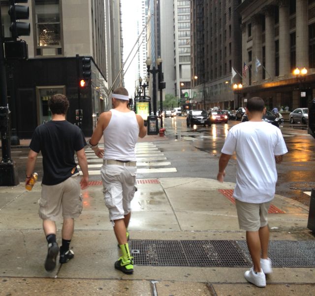 These three Lolla people had become separated from their pack. As I followed them headed north on Clark, the tall guy screamed into his phone, "We're headed south on LaSalle."