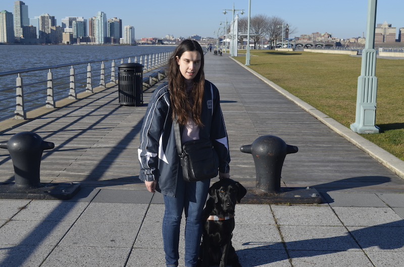 Blogger Blindbeader and guide dog Jenny waiting for a water taxi in NYC.