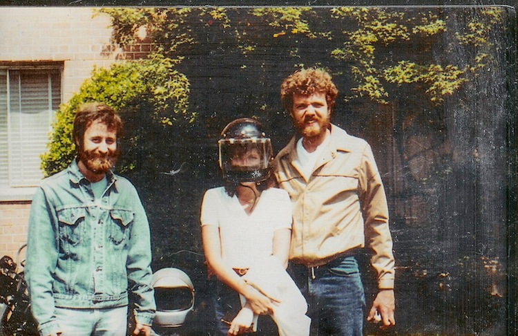 Me, Pick, and a friend incognito under the helmet before a ride, circa 1981.