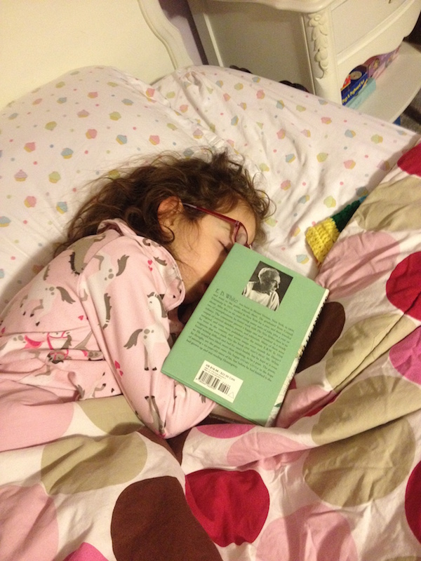 DJ Mermaid is six years old in this photo --her mom and dad found her asleep before bedtime with her nose in a book. Looks like it was another E.B. White favorite: Stuart Little.