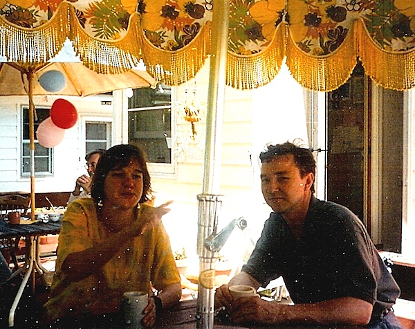 Beth and her cousin Randy comparing notes over coffee at a birthday party for Randy's father, June 7, 1992.