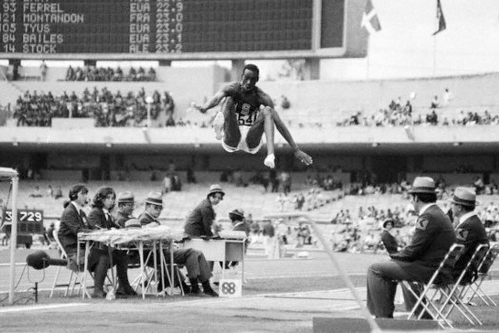 Bob Beamon, mid-flight during his record setting long jump at the 1968 Olympics in Mexico City.