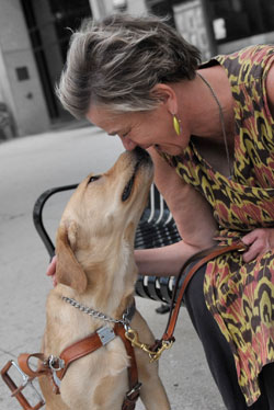Blind author Beth Finke and her Seeing Eye dog Whitney face to face